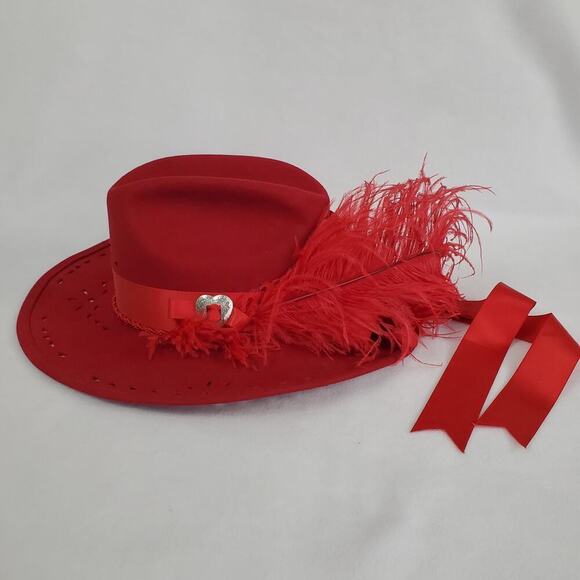 Vintage Nancy Hughes Hat Co Red Wool Satin Ribbon Bow Feather Lazer Cut 7-1/8 - Picture 3 of 12